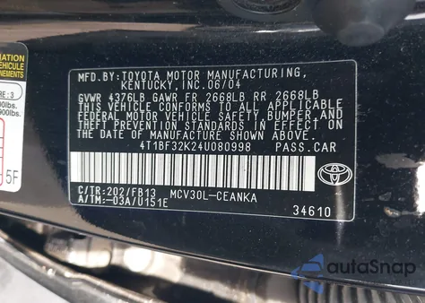 2004 Toyota Camry Le V6 z USA, uszkodzony, nr VIN 4T1BF32K24U080998